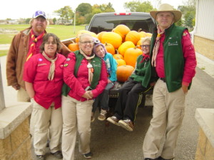 Scouts had a truck load of pumpkins that were donated by a local farmer to raise funds. Donations were greatly accepted in exchange for your choice of pumpkin. Pictured from left to right are Joe Laird Cub Leader “King Loui”, Brenda Laird Beaver Leader, Courtney Halkett Scout Leader “Bubbles”, Ravaidhri Halkett Beaver Scout, Noah Halkett Cub Scout and Matthew Gilas Scout and Cub Leader “Scouter Matt”.