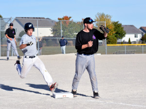 Photos by Brian Lockhart The Centre Dufferin District High School Royals baseball team take on Centennial Collegiate from Guelph at Princess of Wales Park in Orangeville on Wednesday, September 30. The Royals battled back in the later innings but had to settle for a 10–3 loss to the Guelph team.