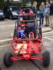 Joe Wollett's go cart that he purchased for the frame. Since purchasing it he has changed out the engine, changed the clutch and breaks and reset the gas tank as well as recovered the seat. 