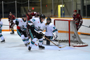 Photos by Brian Lockhart The Shelburne Sharks host the Alliston Coyotes during Monday (Oct. 19) night's home game at the Centre Dufferin Recreation Complex in Shelburne. The Sharks took it on the chin with a 14–2 loss against the visitors.